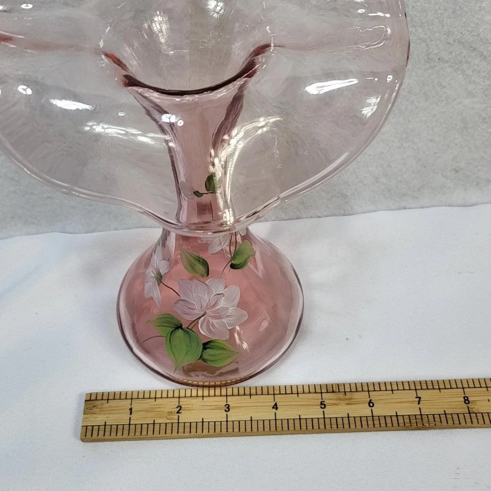 Fenton Pink Glass‎ Hand Painted Floral Ruffled Vase Signed 1991 USA